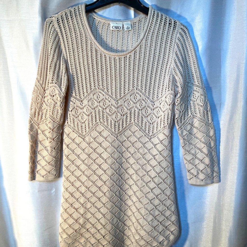 Cato Cream Color Sweater-Extra Long-Boho-Crochet-3/4 Sleeves-Size Med-Ribbed